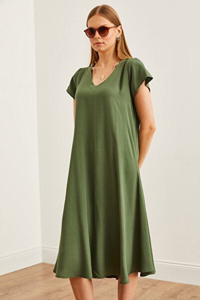 Olalook KHaki V-neck Viscose Casual Women's Dress - ELB- 19002245
