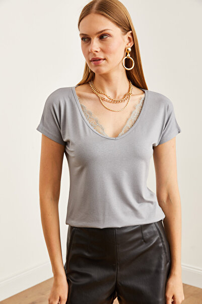 Olalook Kadın Gri Yaka Dantelli Salaş Viskon Bluz BLZ-19000873