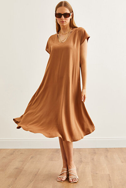 Olalook Kadın Camel V Yaka Dokuma Viskon Salaş Elbise ELB-19002245