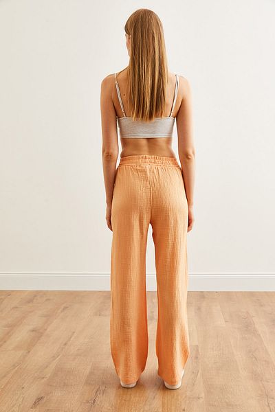 Olalook Lachsfarbene Musselin-Damenhose – PNT mit elastischem Bund und Taschen – 19000279