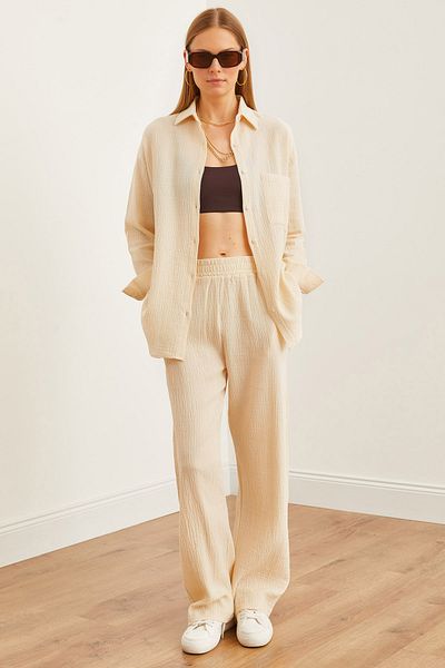 Olalook Steinfarbene Musselin-Hose für Damen – PNT mit elastischem Bund und Taschen 19000279