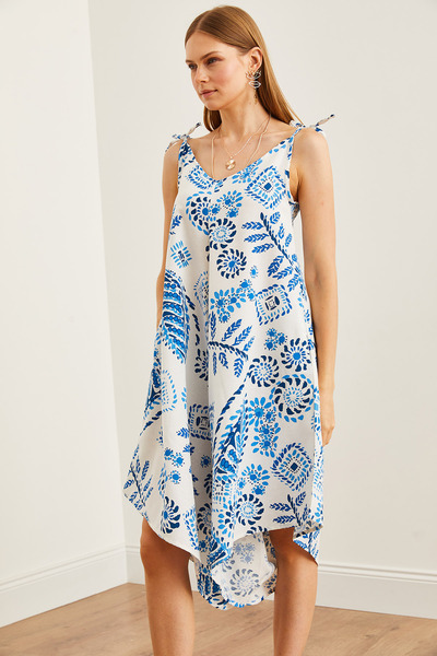 Olalook Modrá viskózová dámská kombinéza – šněrování a kapsa, tkaný popruh TLM- ​​19000116