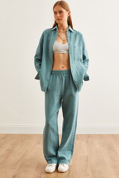 Olalook Mint Green Women's Muslin Trousers - Elastic Waist, Pockets Pnt- 19000279