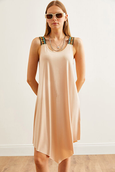 Olalook Stone Colored Ethnic Strap Asymmetrical Women's Dress - ELB- 19000612