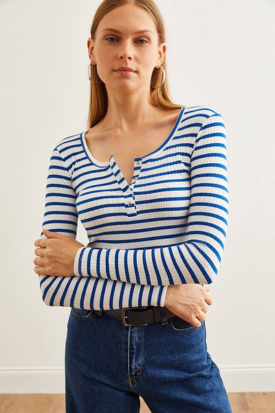 Olalook Bluză de damă Saks Blue Placket cu nervuri groase - BLZ- 19000588