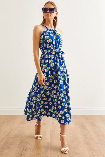 Olalook Daisy Saks Blue Viscon Halter nyakú ruha - öves, ELB- 19001548