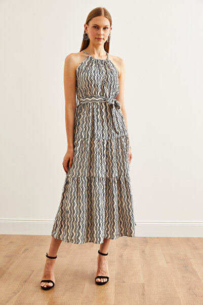 Olalook Dámské viskózové šaty s černým ohlávkovým límcem - ELB- 19001548