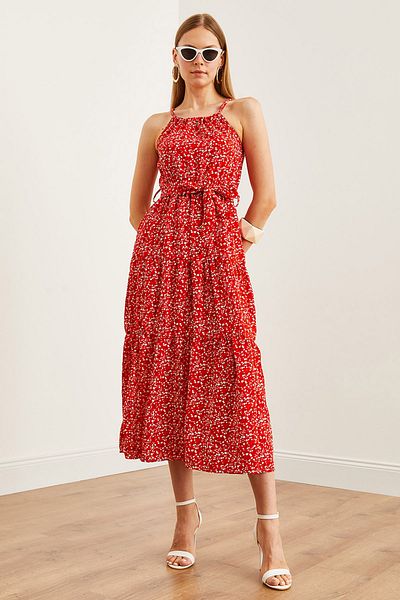 Olalook Rotes Neckholder-Kleid aus Viskose mit kleinem Blumendruck – mit Gürtel, ELB-19001548