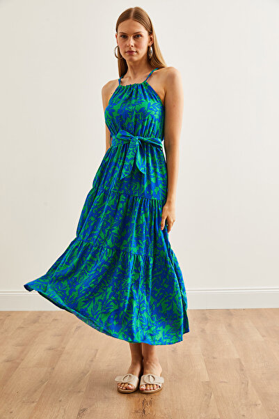 Olalook Zelené Saks Modré viskózové šaty s ohlávkovým výstřihem – s páskem, ELB- 19001548