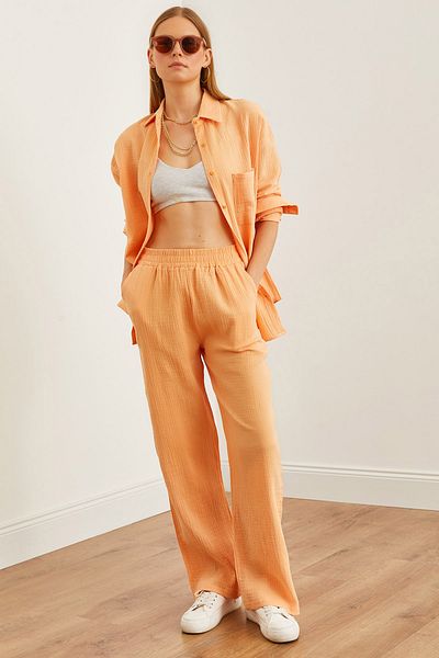 Olalook Lachsfarbene Musselin-Damenhose – PNT mit elastischem Bund und Taschen – 19000279