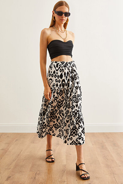 Olalook Λευκή γεωμετρική βισκόζη μακριά γυναικεία φούστα - ETK- 19000274