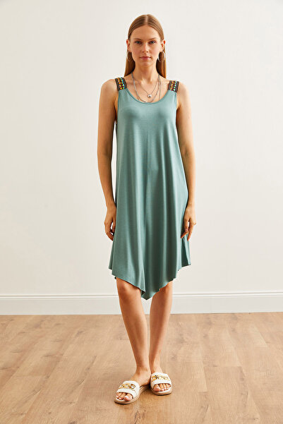 Olalook Πράσινο Ethnic Γυναικείο Φόρεμα - ασύμμετρο λουράκι ELB- 19000612