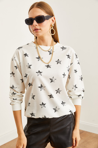 Olalook Kadın Varak Beyaz Basic Yumuşak Dokulu Salaş Sweatshirt SWT-19000457