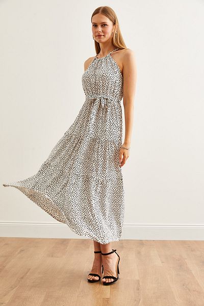 Olalook Women's Polka Dot Ecru Halter Collar Belted Woven Viscose Dress ELB-19001548