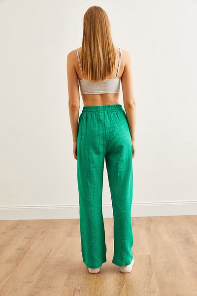 Olalook Grass Green Muslin Trousers - Elastic Waist and Pocket Pnt- 19000279