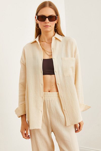 Olalook Dámská mušelínová košile oversize kamínkové barvy - GML- 19001217