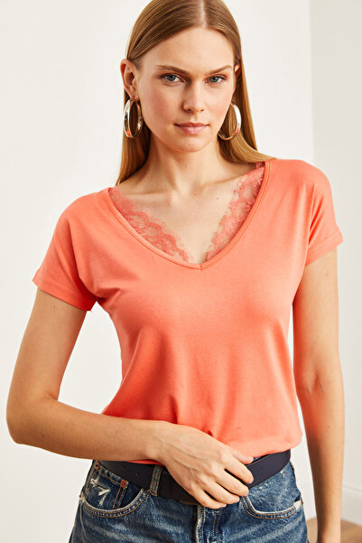 Olalook Bluză de damă din dantelă cu model pepene galben - viscoză lejeră, guler interior BLZ- 19000873