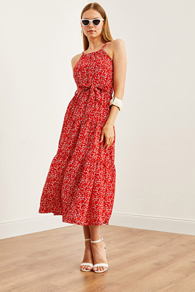 Olalook Červené viskózové šaty s drobným potiskem květin s ohlávkovým výstřihem - s páskem, ELB- 19001548