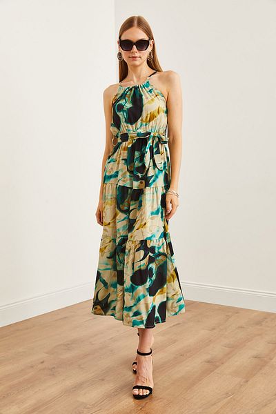 Olalook Damenkleid aus Viskose mit Neckholderkragen und Gürtel in Steinoptik - ELB- 19001548