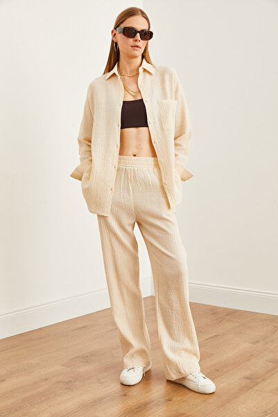 Olalook Kadın Taş Beli Lastikli Cepli Müslin Pantolon PNT-19000279