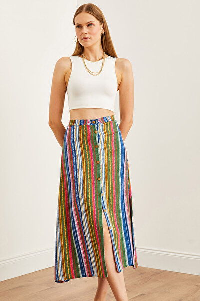 Olalook Colorful StripeD Viscose Women's Skirt - ButtoneD, ETK- 19000273