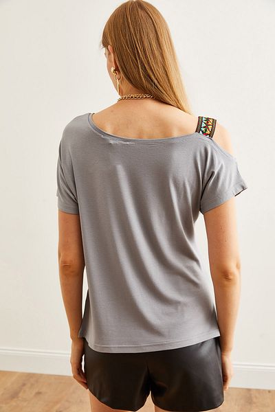Olalook Γκρι Single Shoulder Ethnic Γυναικεία Μπλούζα - BLZ- 19000194