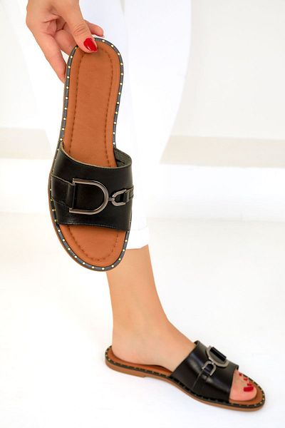 SOHO Genuine Leather Black Women's Slippers - 19480