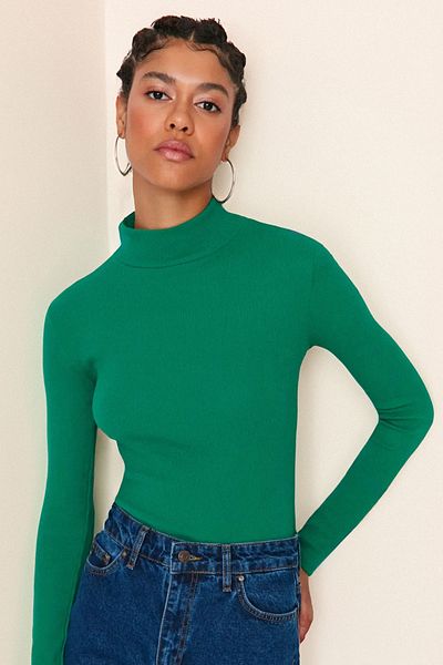 Trendyol Collection Smaragd testű, magas gallérral ellátott, hosszú ujjú bordázott, rugalmas kötött blúz TWOAW21BZ0423