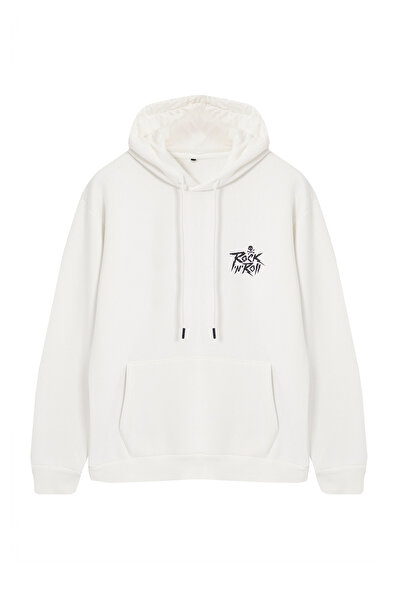 Trendyol Collection Світшот з капюшоном з принтом скелі екрю оверсайз фліс TMNAW24SW00195