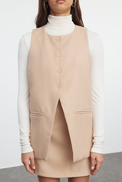 Trendyol Collection Bézs szőtt mellény és szoknya szett - vászon megjelenés TWOAW25AU00125