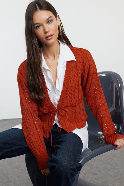 Trendyol Collection Tile Knitwear Crop Cardigan with Tie Detail - TWOAW25HI00060