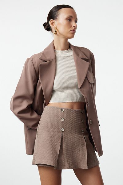 Trendyol Collection Tweed Béžová sukně k šortkám – zapínaná, tkaná, TWOAW24SR00024