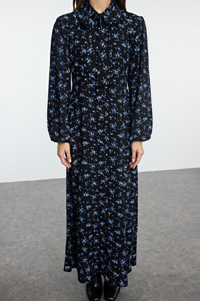 Trendyol Modest Φόρεμα υφαντό πουκάμισο - Μαύρο φλοράλ Tctaw25eb00085