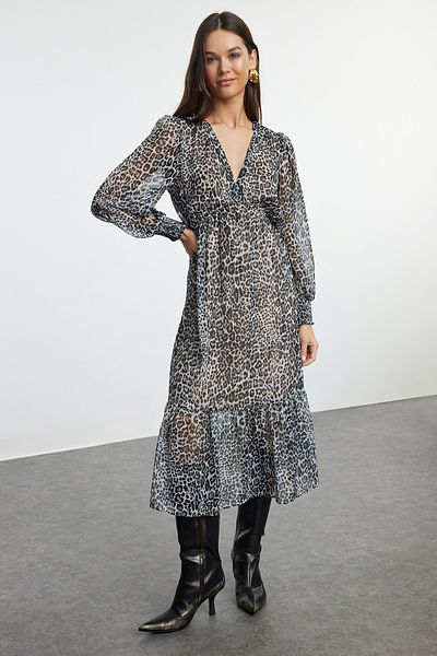 Trendyol Collection Hnědé leopardí šaty ze šifonu Midišifon - podšité a rozepínání v pase Twoaw24el00710