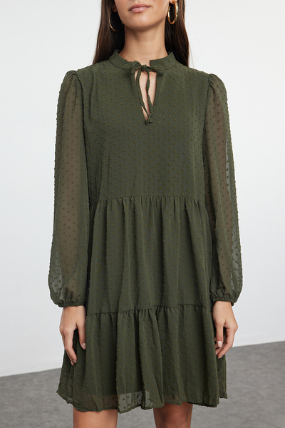 Trendyol Collection Wide Cut Khaki Polka Dot Chiffon Dress - Winter Twoaw25El00276