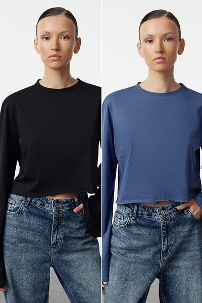 Trendyol Collection Balení 2 černých a indigových pletených triček se španělskými rukávy 100% bavlna - TWOAW25TS00003