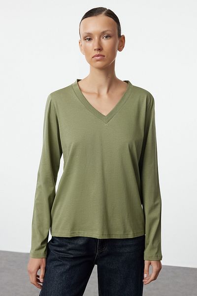 Trendyol Collection Khaki-Blue 2 Pack – 100% bavlna Tričko s výstřihem do V TWOAW25TS00002