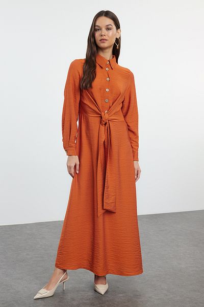 Trendyol Modest Φόρεμα Aerobin πουκάμισο με δέσιμο κανέλας στη μέση TCTAW25EB00075