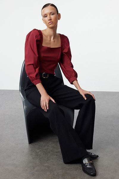 Trendyol Collection Bluză țesătă burgundă cu mânecă cu balon - guler pătrat, TWOAW21BZ0210