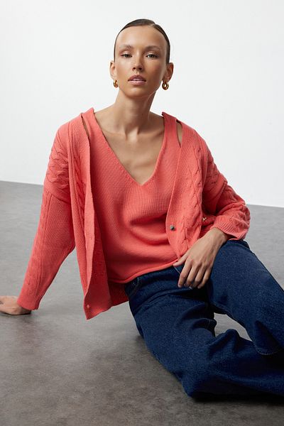 Trendyol Collection Pink Double Set - Double Breasted Detailed Blouse and Cardigan Knitwear Twoaw25Hi00033