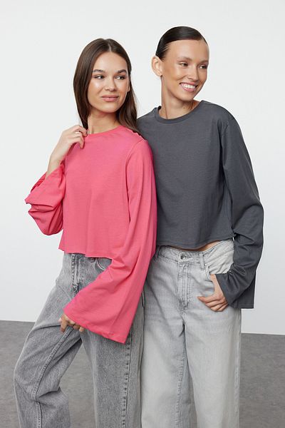 Trendyol Collection 2 Pack Anthracite and Fuchsia Spanish Sleeve Knitted T-Shirts 100% Cotton - TWOAW25TS00003