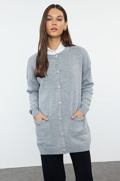 Trendyol Modest Gray Melange Knitwear Cardigan with Pockets and Button Detail - TCTAW25TH00000