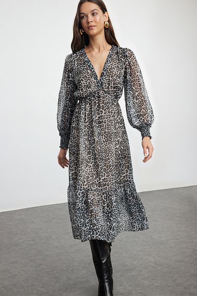 Trendyol Collection Hnědé leopardí šaty ze šifonu Midišifon - podšité a rozepínání v pase Twoaw24el00710