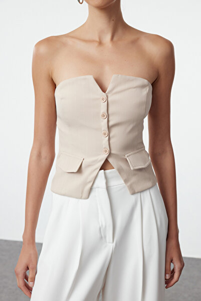 Trendyol Collection Beige Fitted Striped Strapless Woven Vest Twoaw25Ye00050
