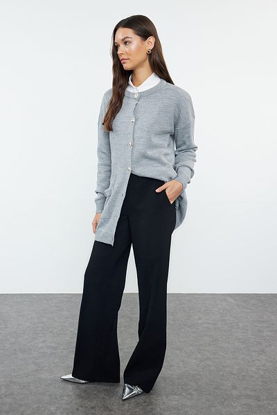 Trendyol Modest Gray Melange Knitwear Cardigan with Pockets and Button Detail - TCTAW25TH00000