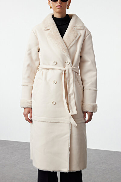 Trendyol Collection Ecru Oversize Belted Coat Twoaw24Kb00188