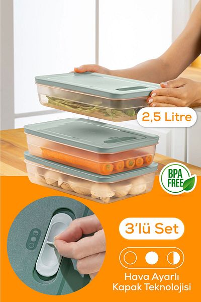 Vienev 2.5 Liter Mint 3-Piece Adjustable Vegetable and Fruit Storage Set