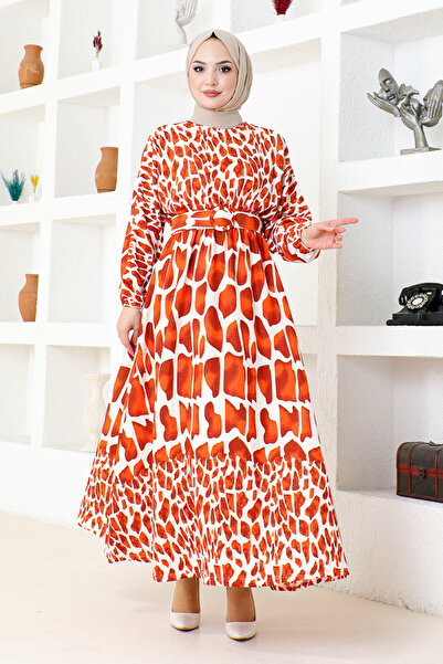 ModaMerve Brick Color Leopard Patterned Dress - HBS9580