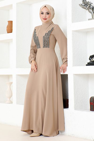 ModaMerve EMO6146 Model Mink Stone Detailed Evening Dress
