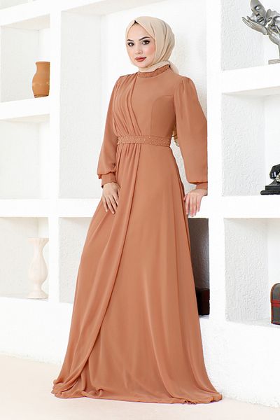ModaMerve Βραδινό φόρεμα Tan Chiffon - Μοντέλο MDY4858
